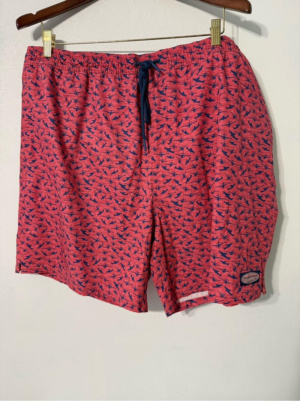 Vineyard Vines Coral Swim Trunks with Navy Helicopter Print